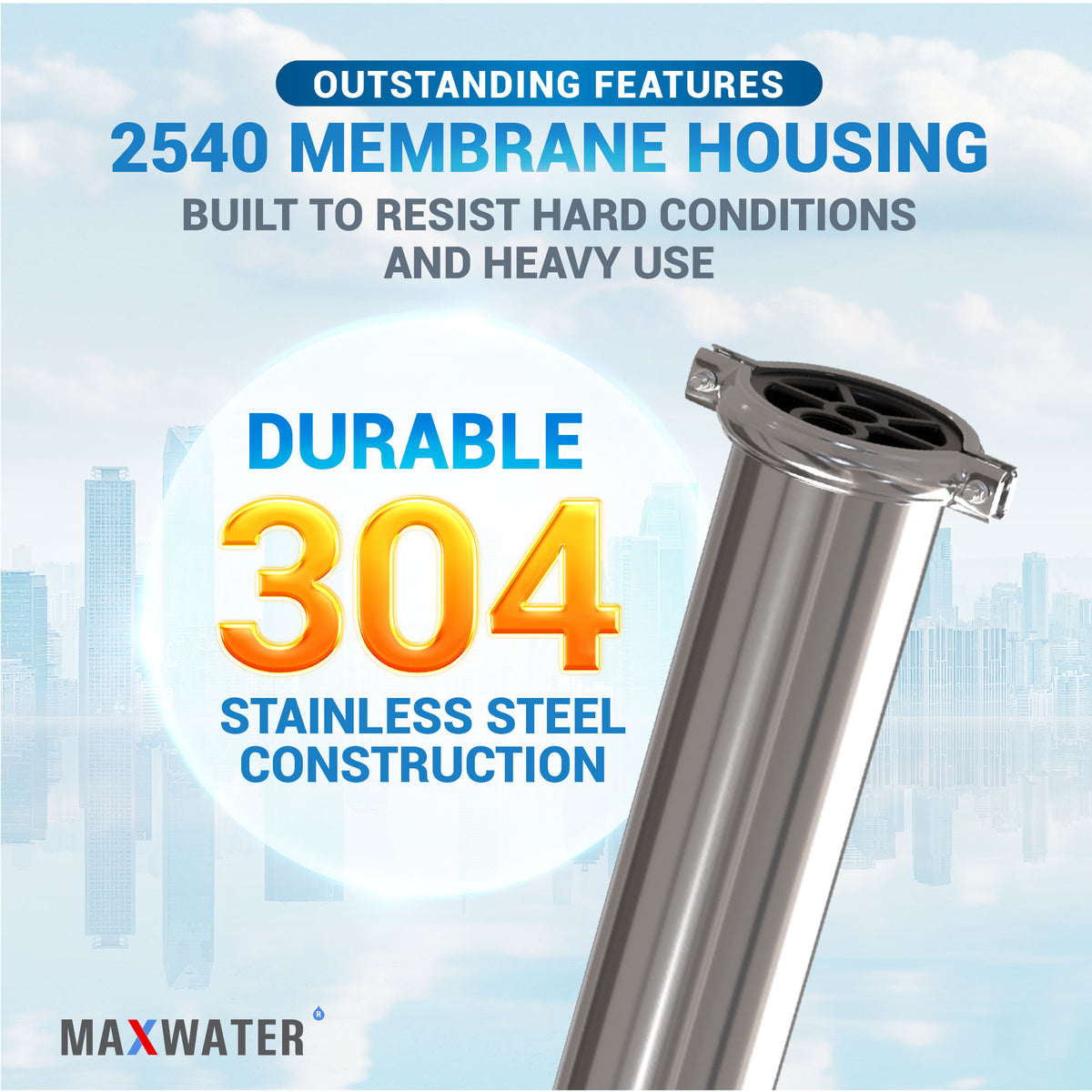 Specialized 2.5" x 40" RO membrane housing, built for extended membranes, facilitating effective water purification processes